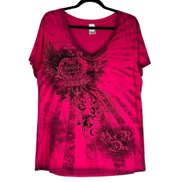 NHRA Tops - NHRA Championship Drag Racing 90's Y2K Hot Pink V-Neck Short Sleeve Top Size XL